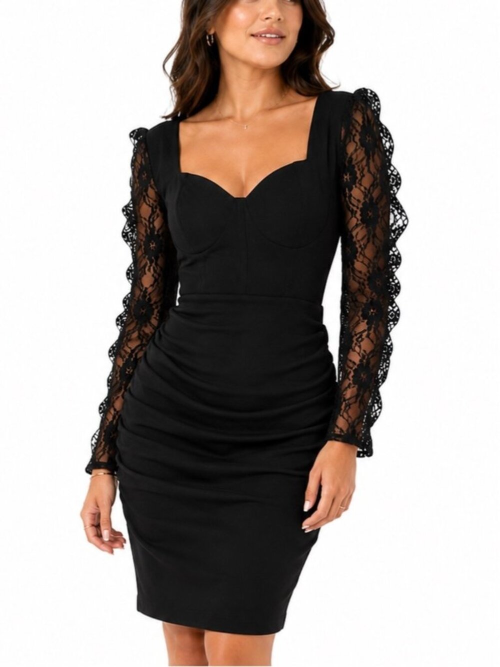 Black Lace-Sleeve Ruched Sweetheart Mini Dress party formal wedding trendy chic